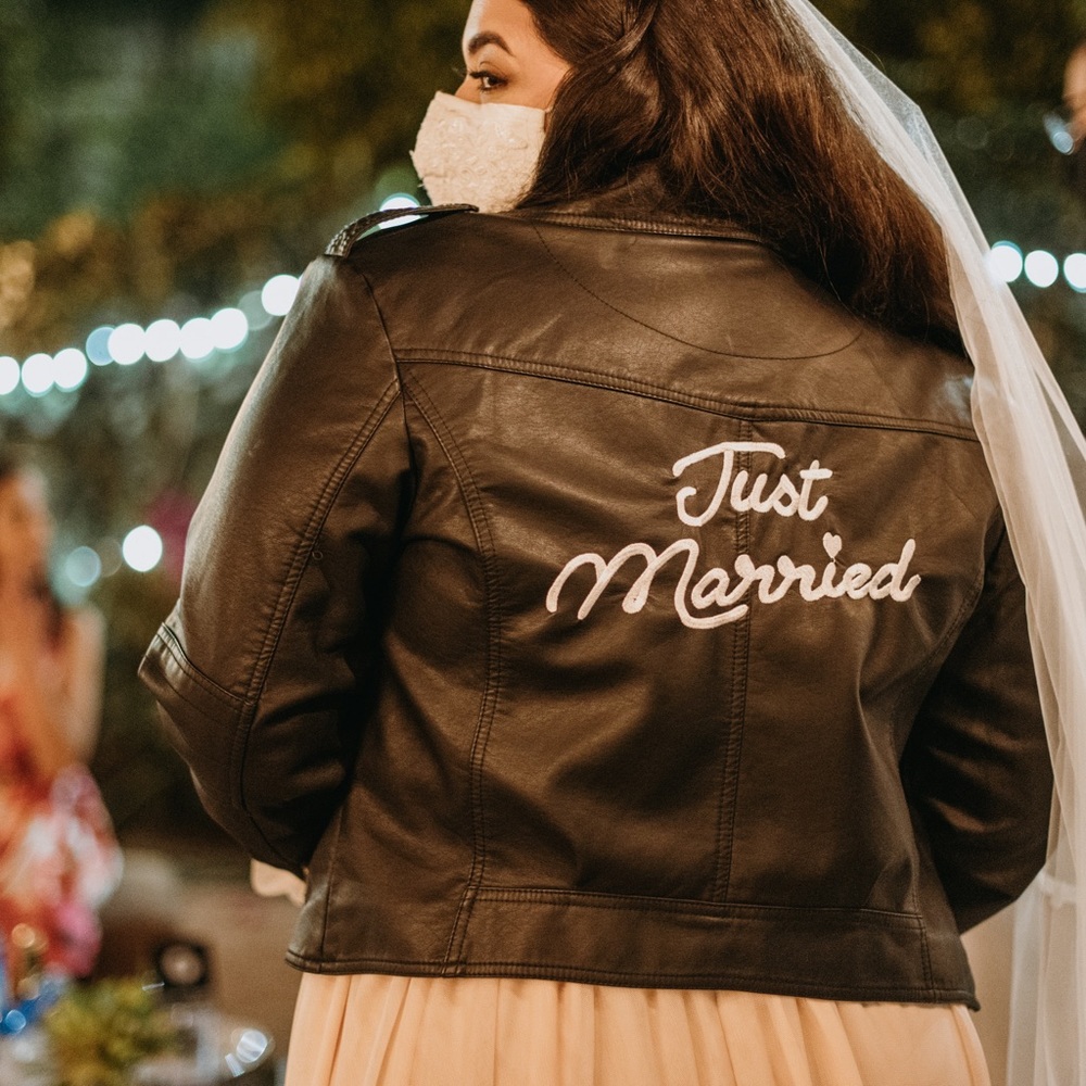 DAVID'S BRIDAL ‘just married’ vegan leather.